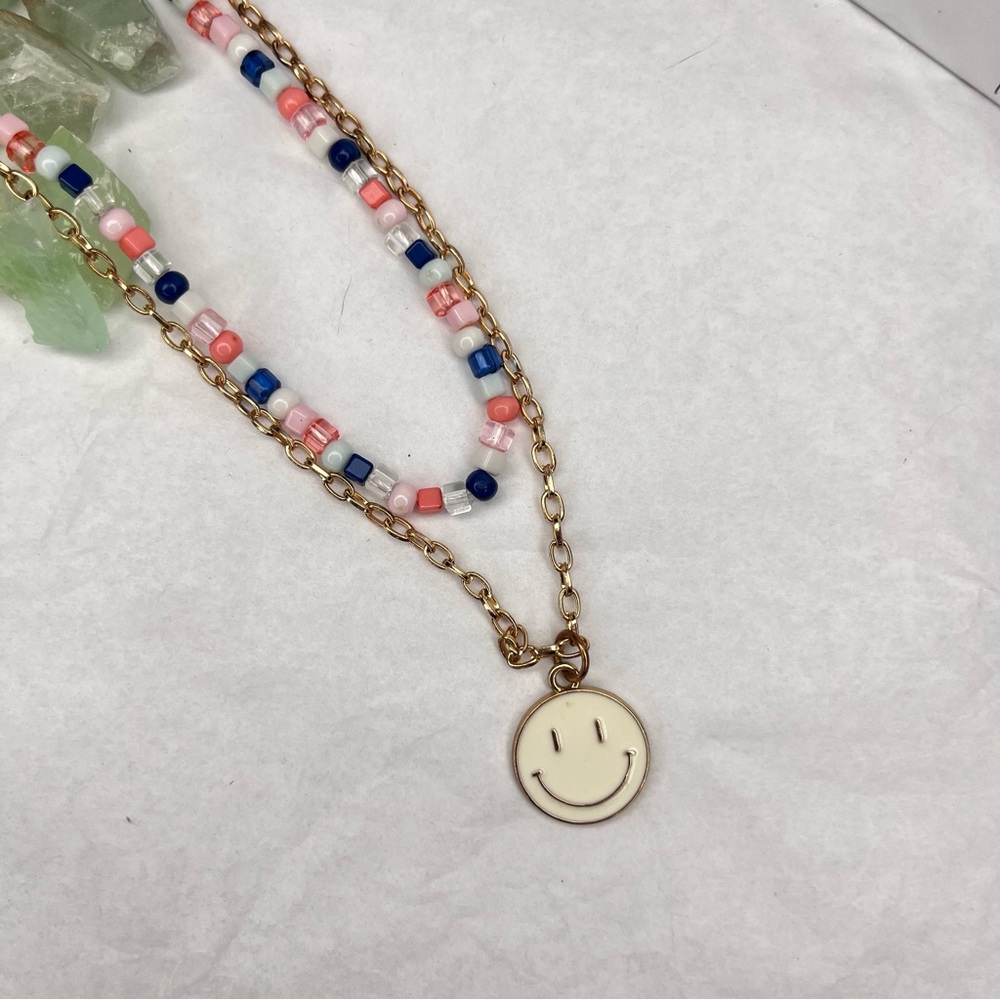 Double Strand Gold Smiley Face Pendant Necklace with Multicolor Beads